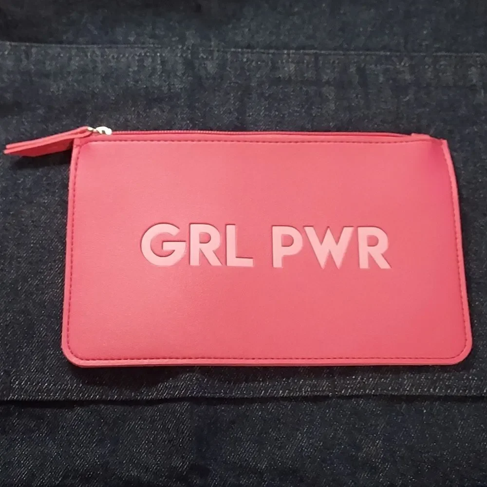 Nordstrom pink cosmetic bag pouch wallet vegan leather zippered girl power